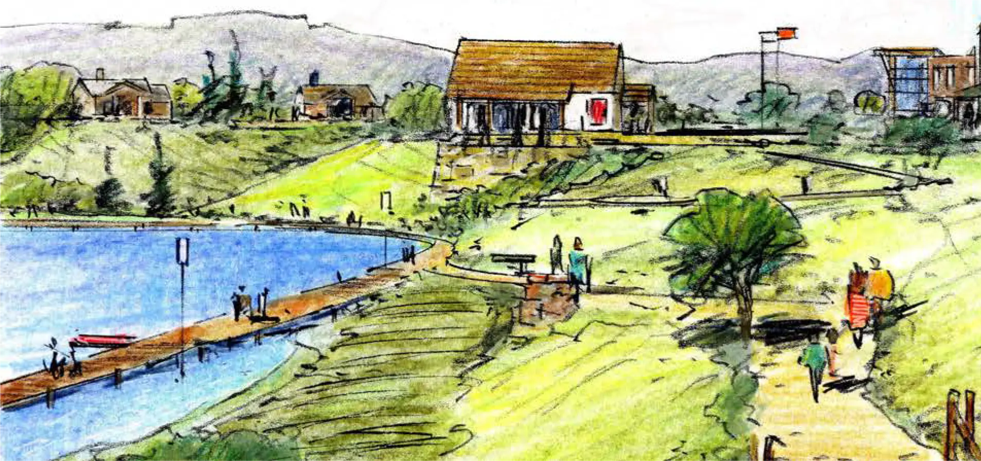 Concept rendering of the waterfront park and community gathering spaces at Story House Village.